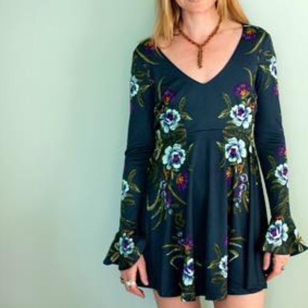 Free People teal mini dress size XS bell long sleeves
